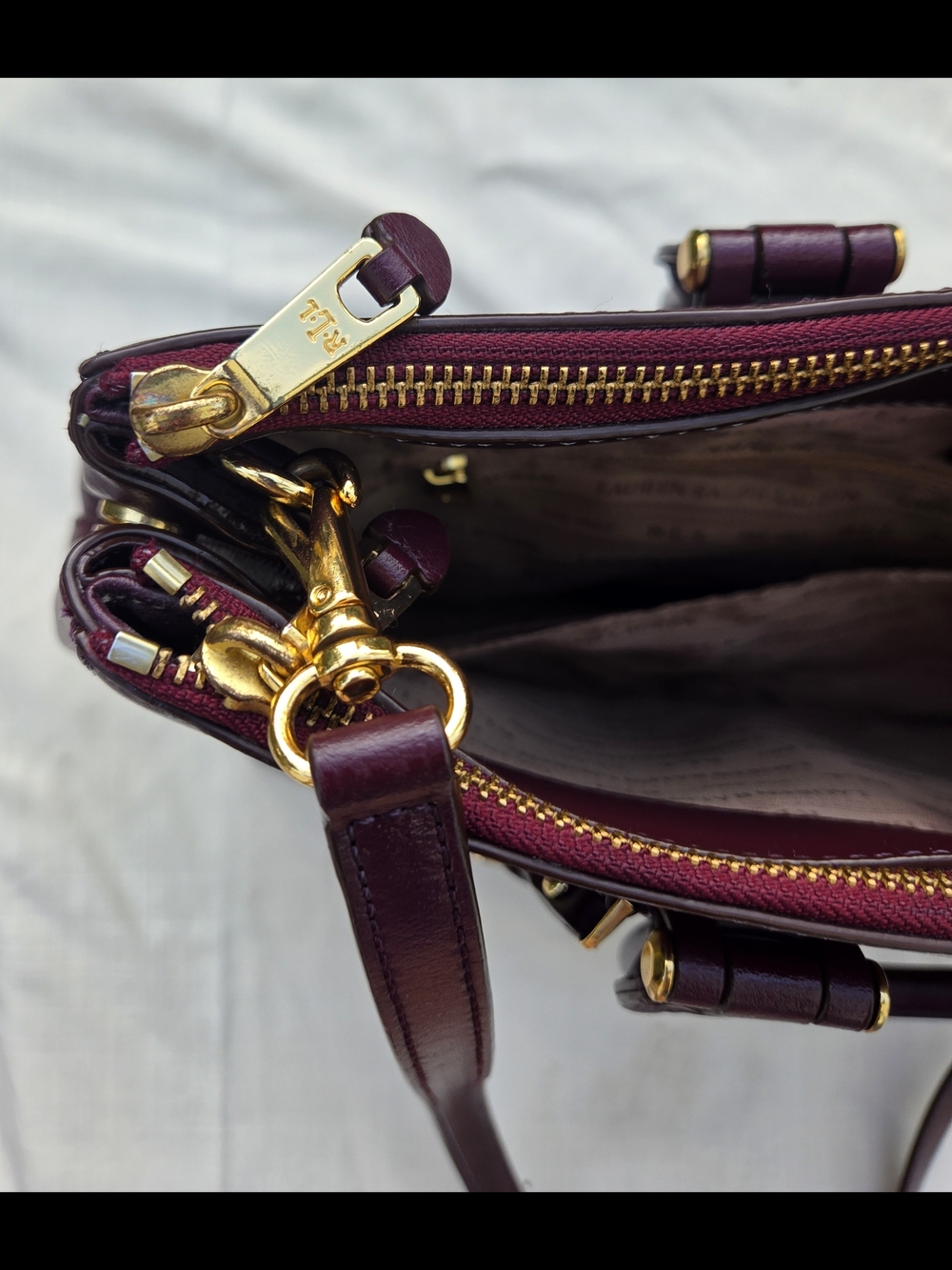 Lauren Ralph Lauren Burgundy Double Zip Leather Satchel with Gold Hardware - Picture 6 of 15